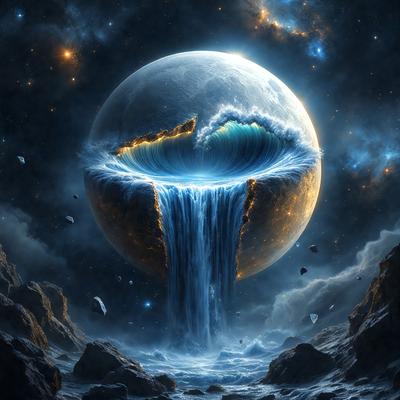 The primary subject of the image is a large, blue, and white planet with a waterfall pouring out of it. The setting is a dark, starry sky, which adds to the dramatic atmosphere of the scene. The visual style is a digital art or illustration, creating a surreal and captivating image. The dominant colors are blue and white, with the blue planet and the white waterfall, while the dark sky adds a sense of depth and mystery to the scene.